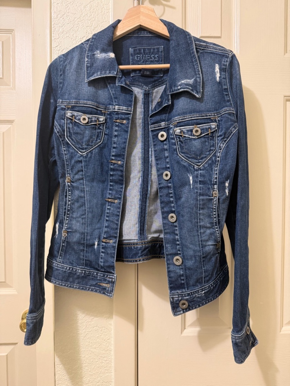 GUESS Blue Distressed Denim Jacket with Button Front